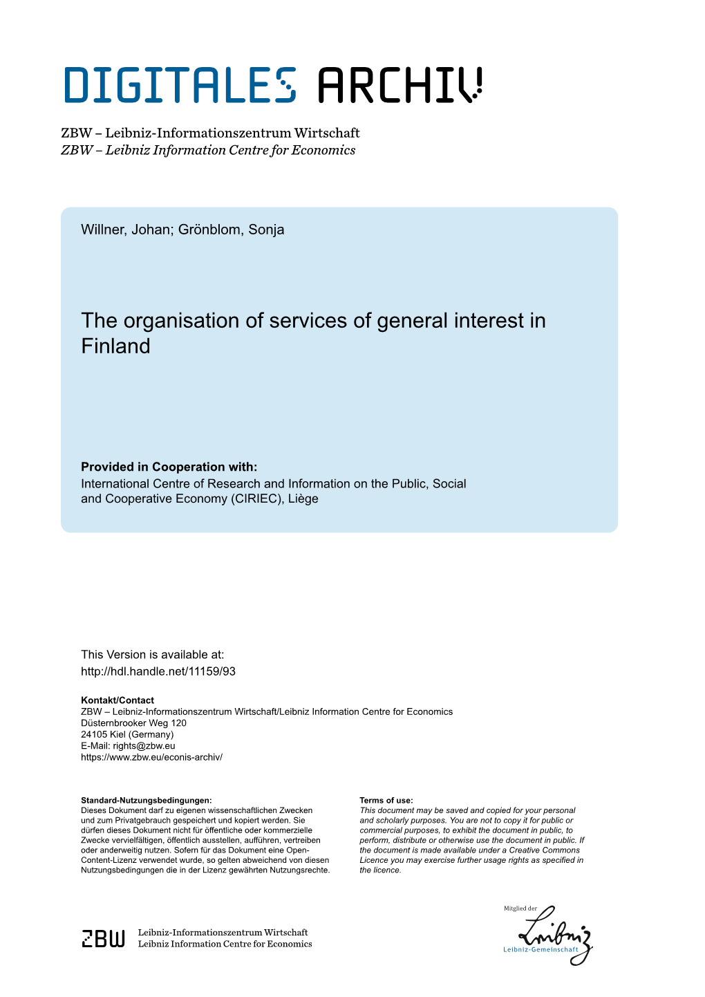 The Organisation of Services of General Interest in Finland