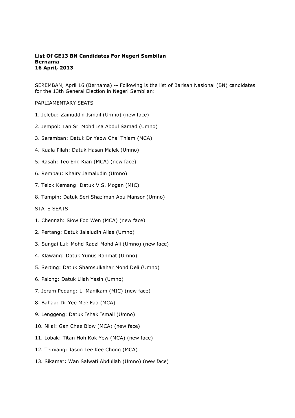 List of GE13 BN Candidates for Negeri Sembilan Bernama 16 April, 2013