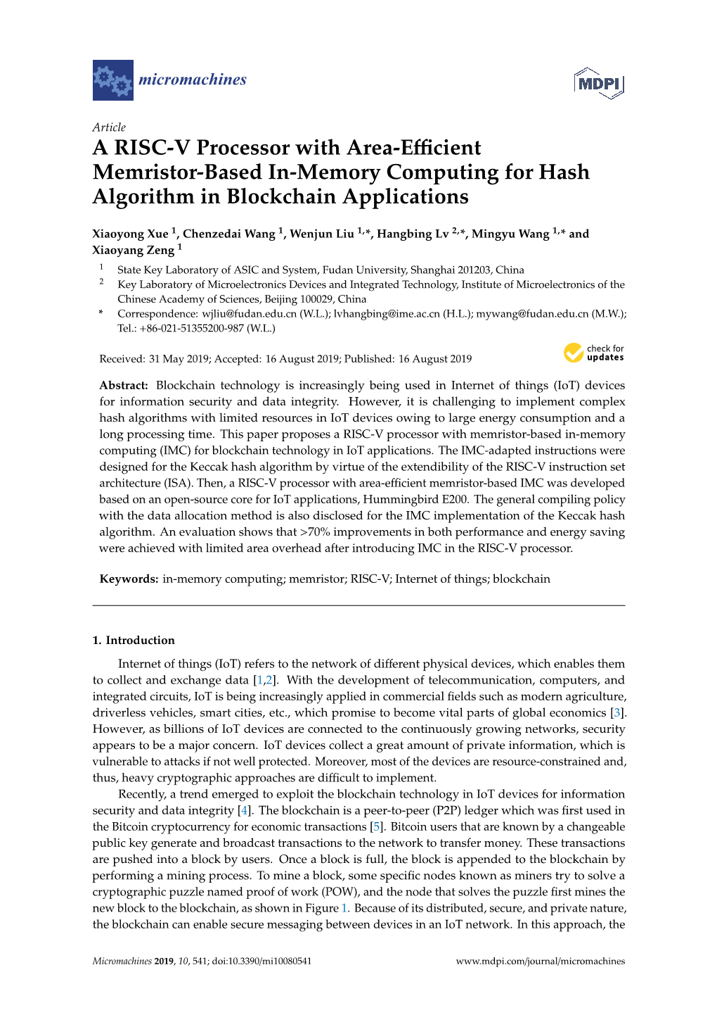 A RISC-V Processor with Area-Efficient Memristor-Based In-Memory Computing for Hash Algorithm in Blockchain Applications