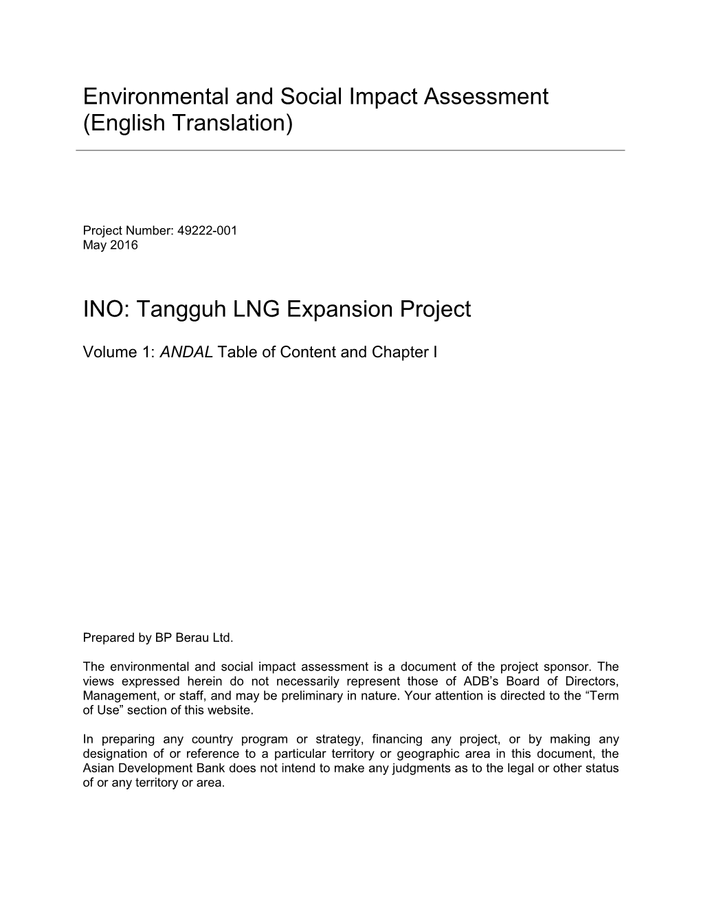 Environmental and Social Impact Assessment (English Translation) INO: Tangguh LNG Expansion Project