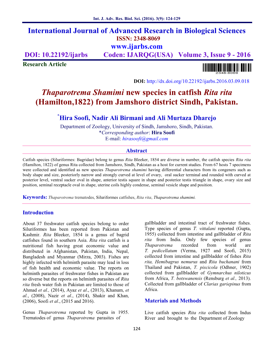 Thaparotrema Shamimi New Species in Catfish Rita Rita (Hamilton,1822) from Jamshoro District Sindh, Pakistan