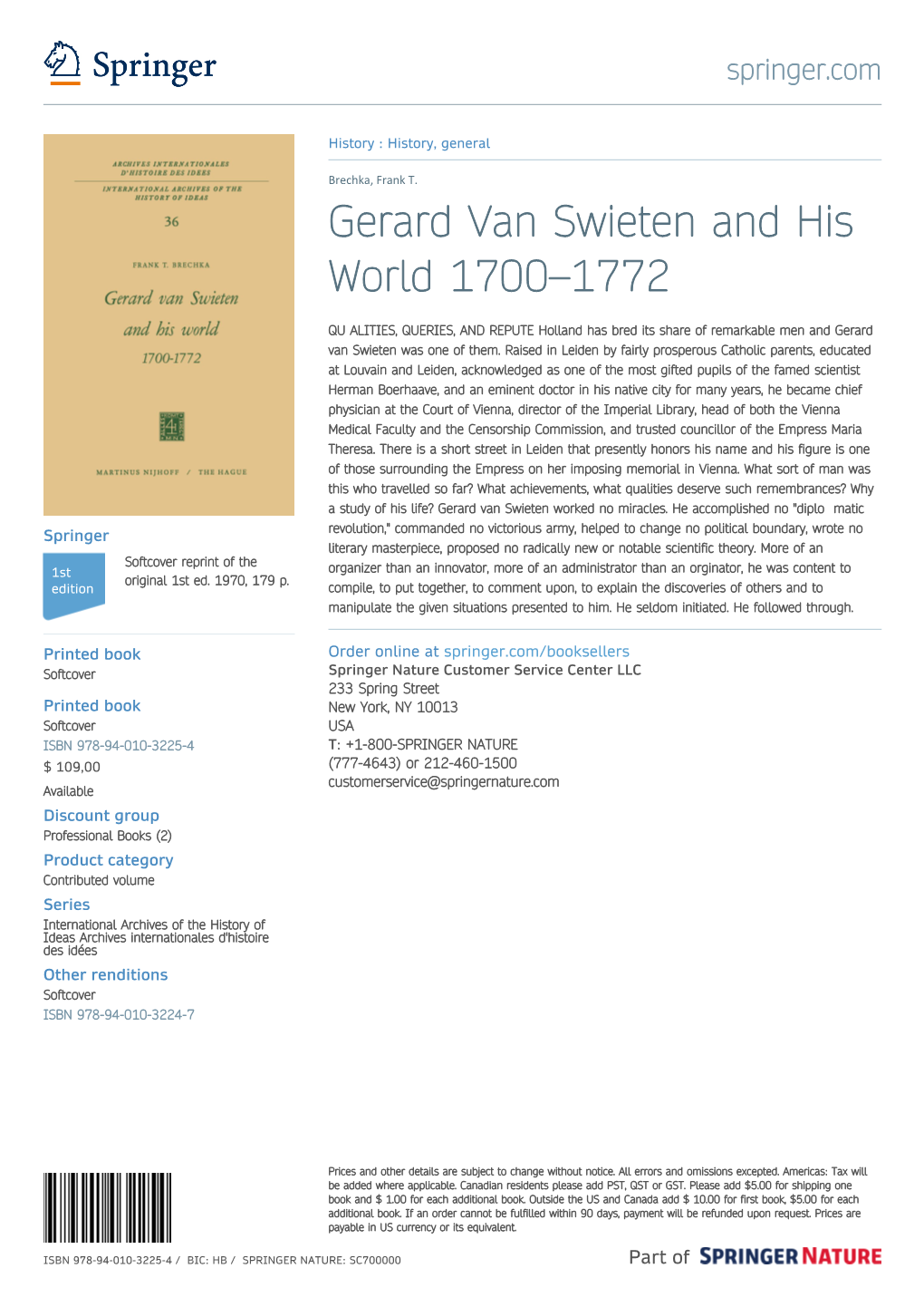 Gerard Van Swieten and His World 1700–1772