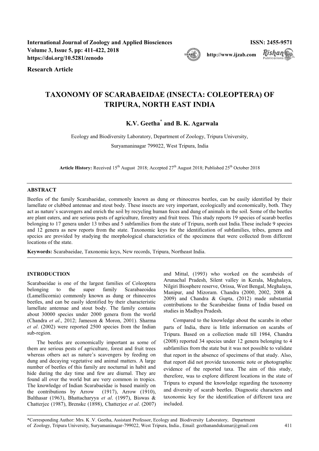 Taxonomy of Scarabaeidae (Insecta: Coleoptera) of Tripura, North East India