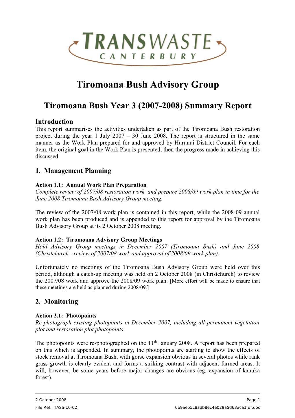 Tiromoana Bush Year 2 (2006-2007) Work Plan s1
