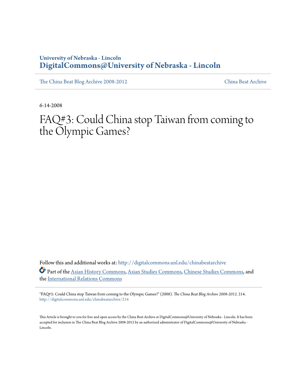 FAQ#3: Could China Stop Taiwan from Coming to the Olympic Games?