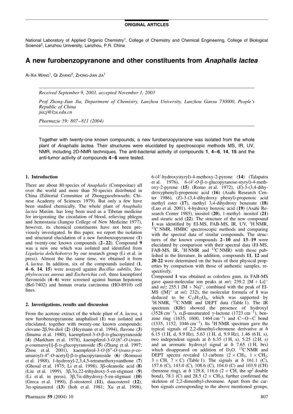 A New Furobenzopyranone and Other Constituents from Anaphalis Lactea