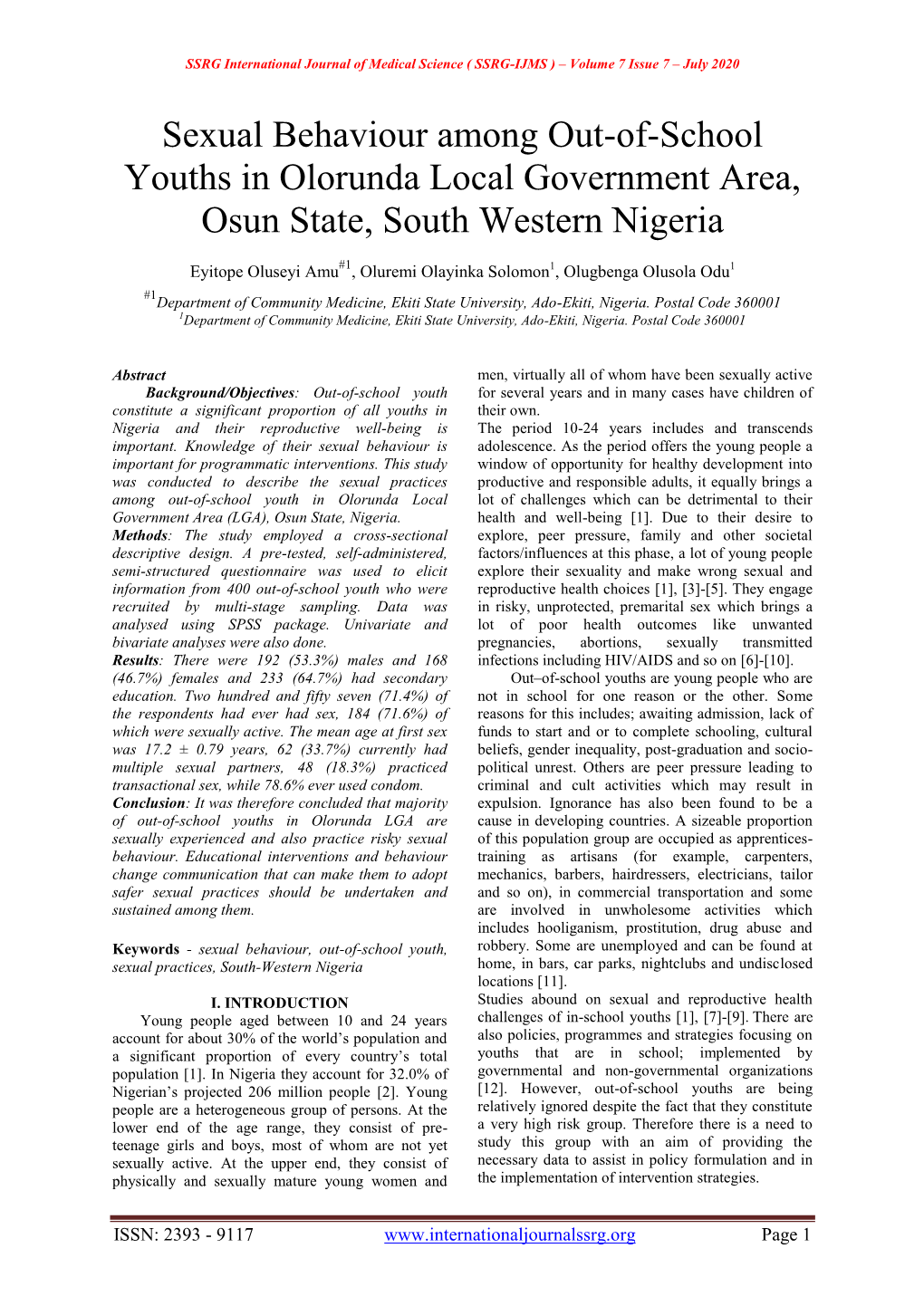 Sexual Behaviour Among Out-Of-School Youths in Olorunda Local Government Area, Osun State, South Western Nigeria