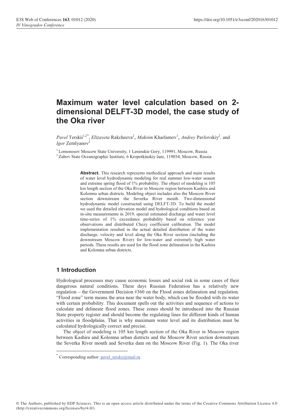 Dimensional DELFT-3D Model, the Case Study of the Oka River