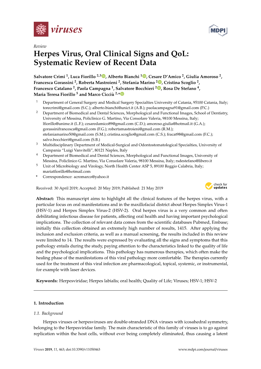 Herpes Virus, Oral Clinical Signs and Qol: Systematic Review of Recent Data