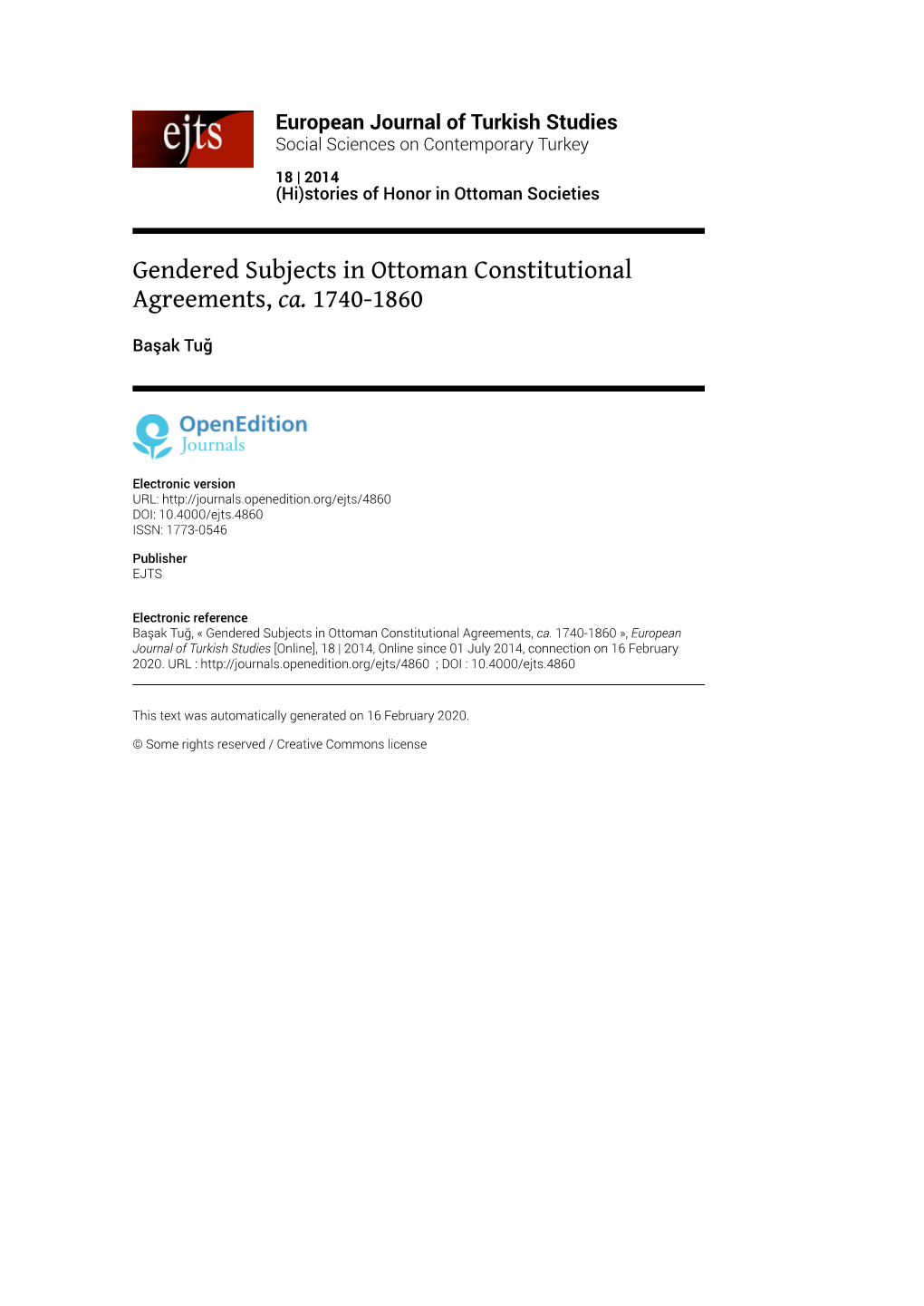 European Journal of Turkish Studies, 18 | 2014 Gendered Subjects in Ottoman Constitutional Agreements, Ca