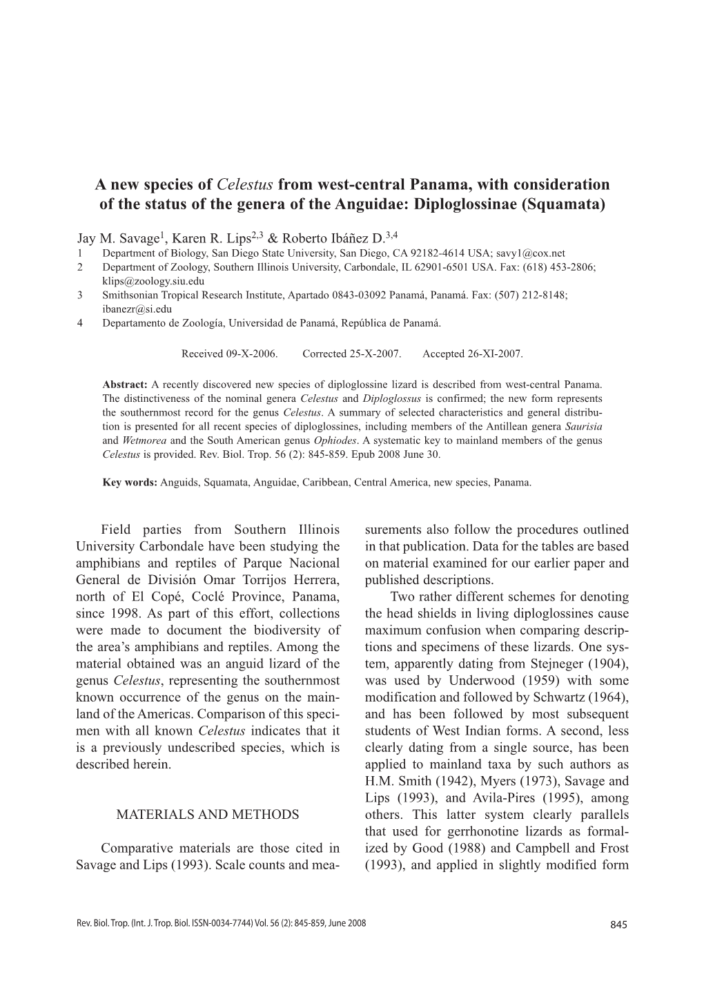 A New Species of Celestus from West-Central Panama, with Consideration of the Status of the Genera of the Anguidae: Diploglossinae (Squamata)