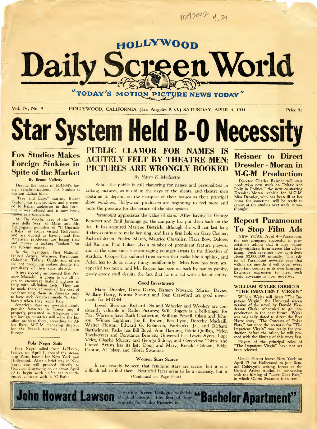 Hollywood Daily Screen World (April 4, 1931)