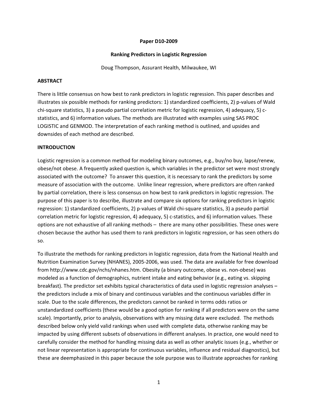 Ranking Predictors in Logistic Regression