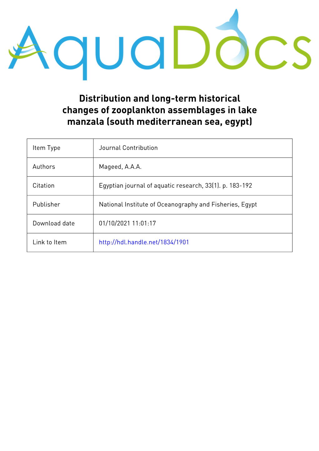 Distribution and Long-Term Historical Changes of Zooplankton Assemblages in Lake Manzala (South Mediterranean Sea, Egypt)