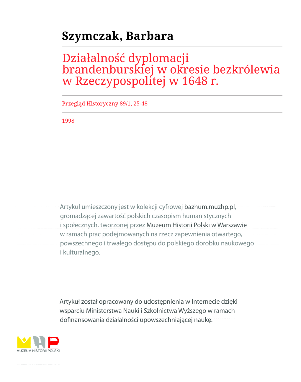 Działalność Dyplomacji Brandenburskiej W Okresie Bezkrólewia W Rzeczypospolitej W 1648 R