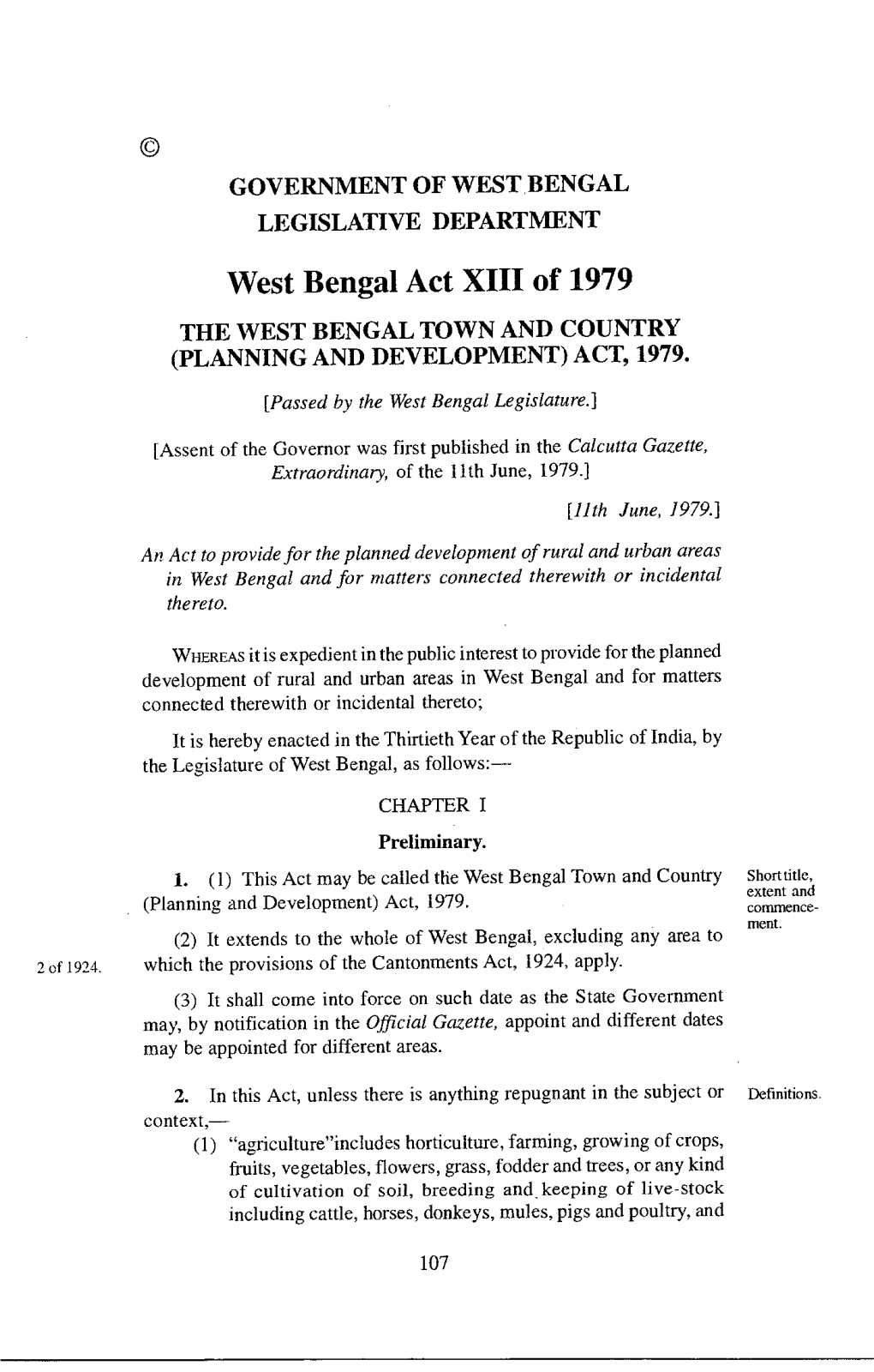 West Bengal Act XIII of 1979 the WEST BENGAL TOWN and COUNTRY (PLANNING and DEVELOPMENT) ACT, 1979