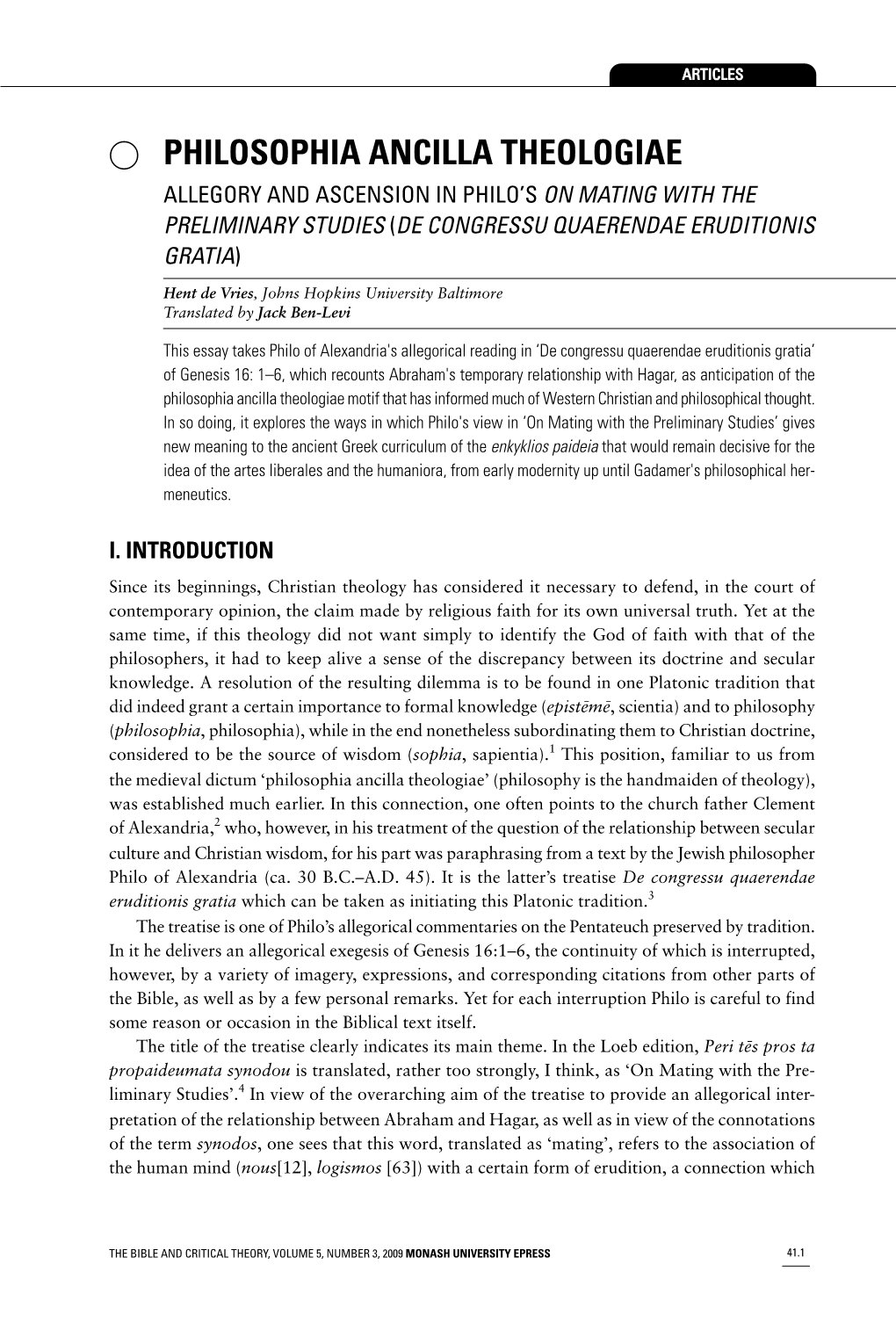 Philosophia Ancilla Theologiae Allegory and Ascension in Philo’S on Mating with the Preliminary Studies (De Congressu Quaerendae Eruditionis Gratia)