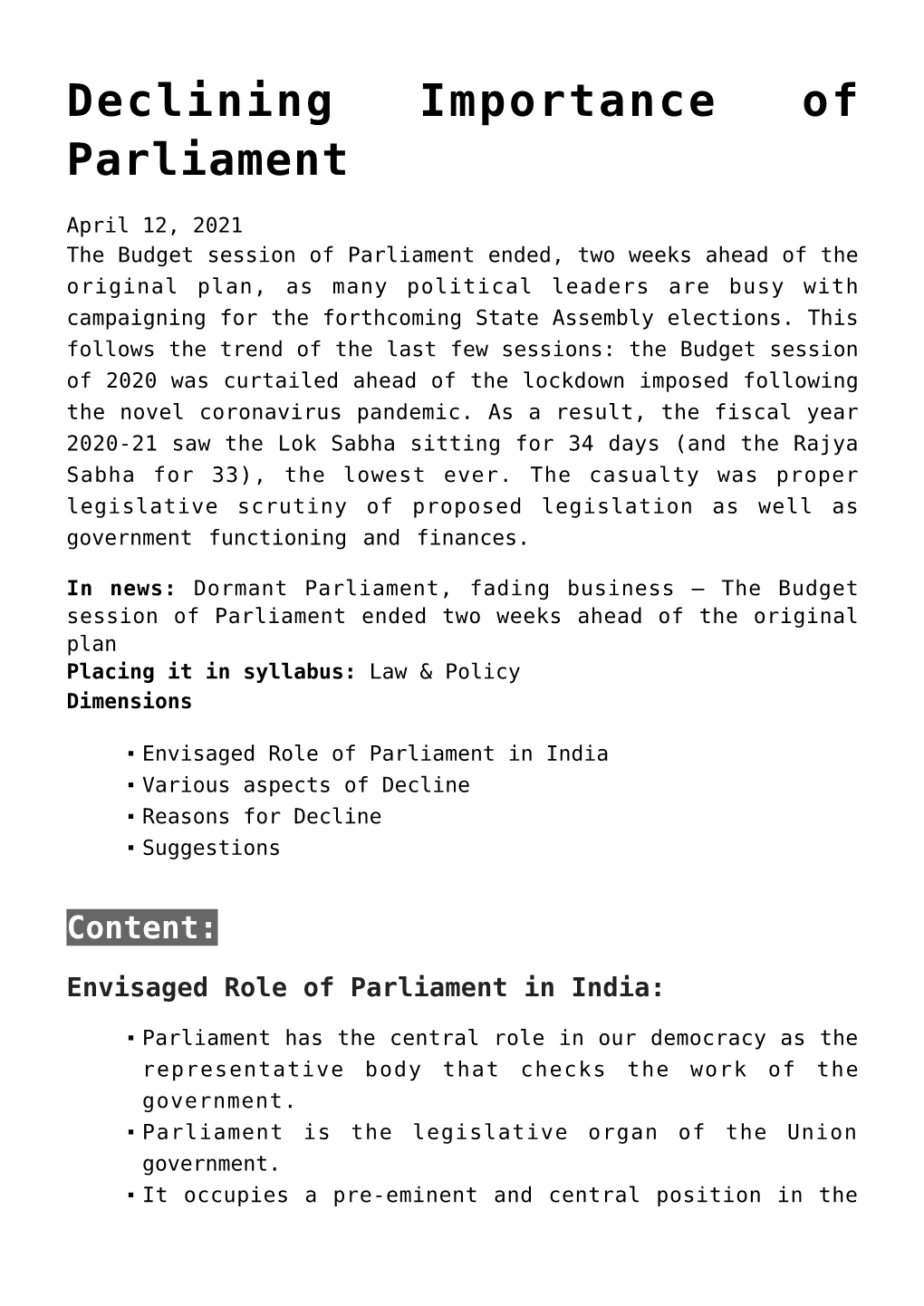 Declining Importance of Parliament