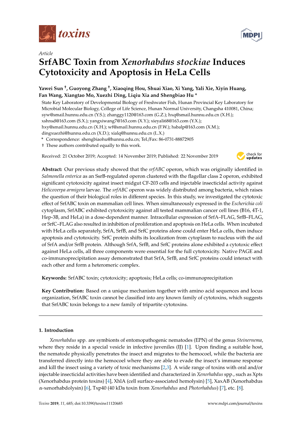 Srfabc Toxin from Xenorhabdus Stockiae Induces Cytotoxicity and Apoptosis in Hela Cells