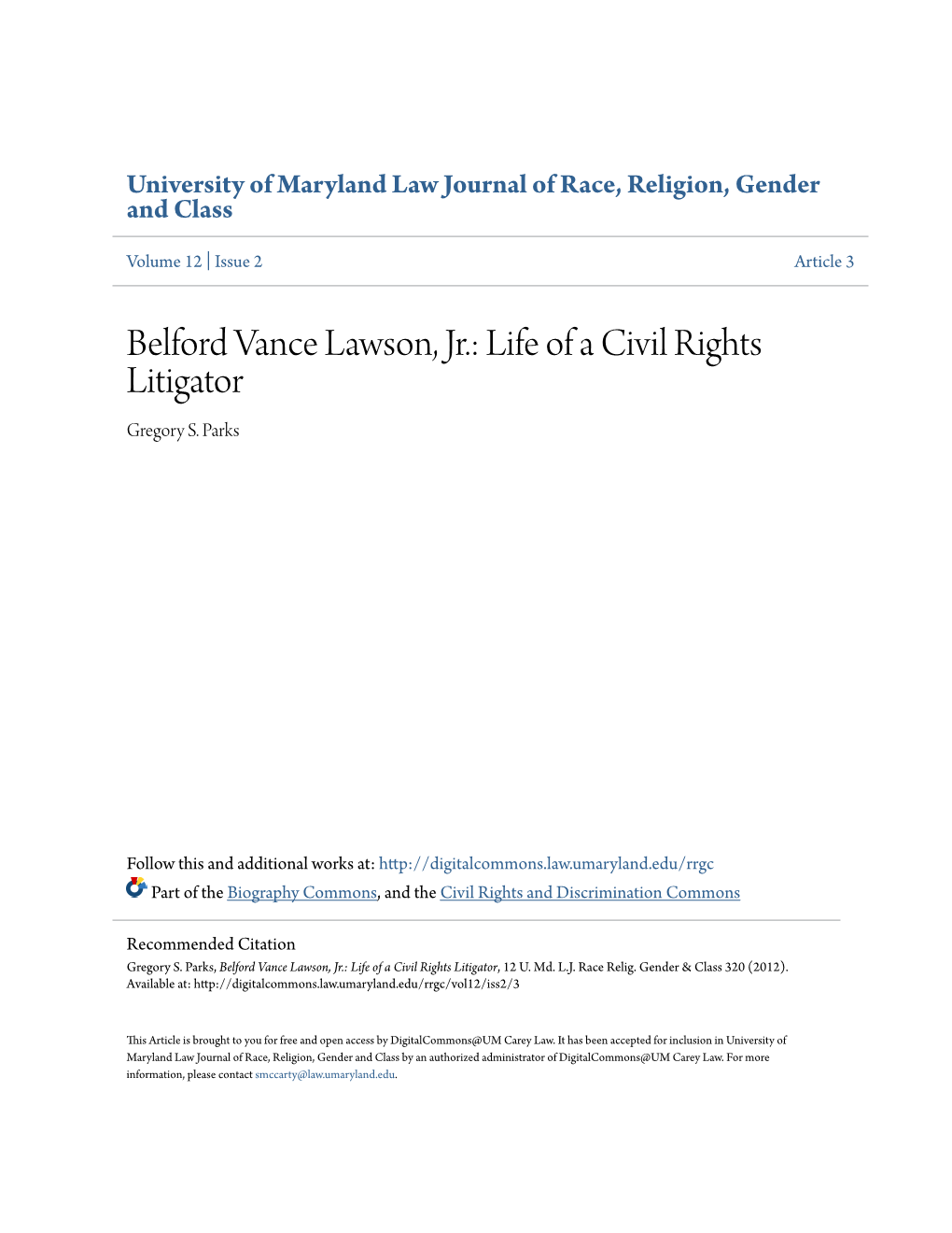 Belford Vance Lawson, Jr.: Life of a Civil Rights Litigator Gregory S