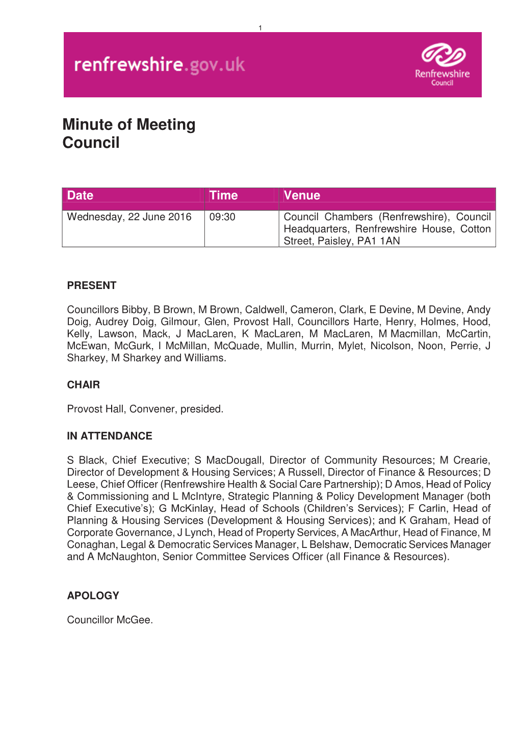 Minute of Meeting Council