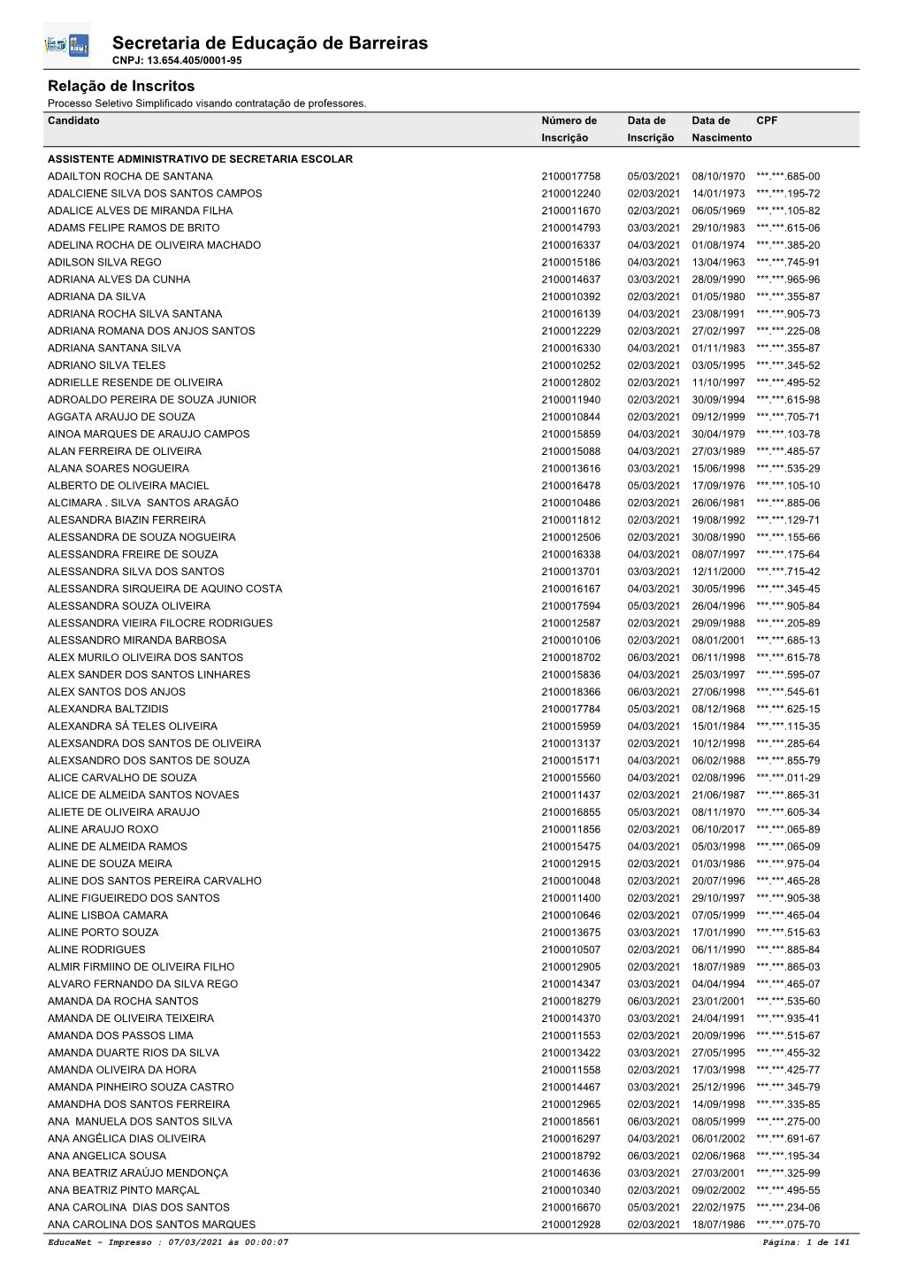 Secretaria De Educação De Barreiras CNPJ: 13.654.405/0001-95 Relação De Inscritos Processo Seletivo Simplificado Visando Contratação De Professores