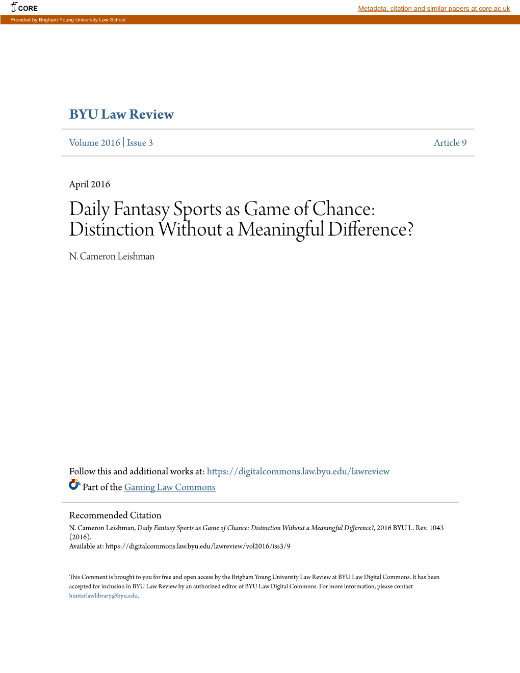 Daily Fantasy Sports As Game of Chance: Distinction Without a Meaningful Difference? N