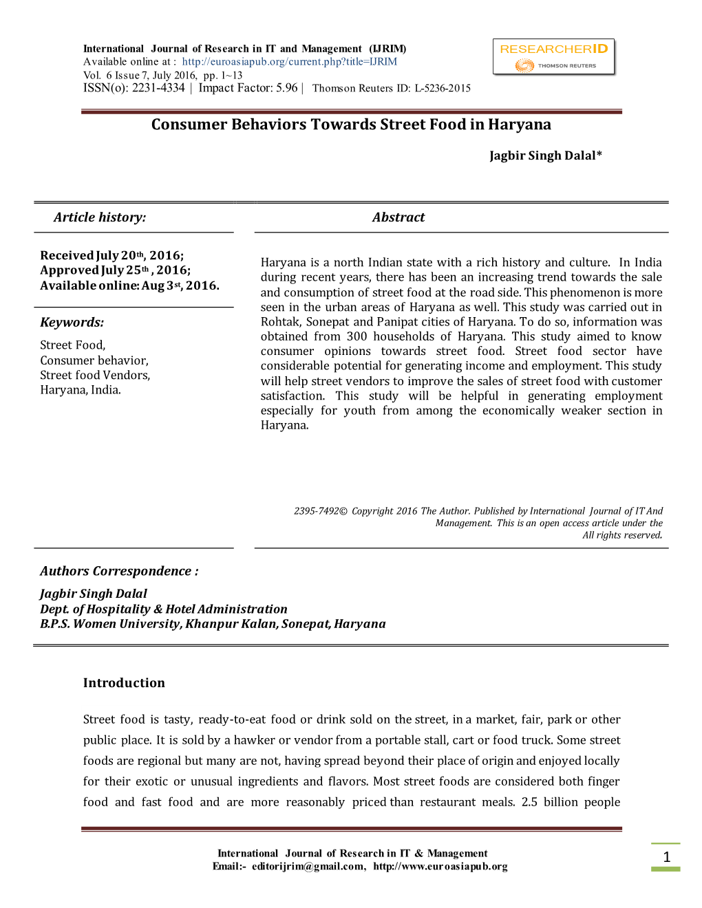 1 Consumer Behaviors Towards Street Food in Haryana