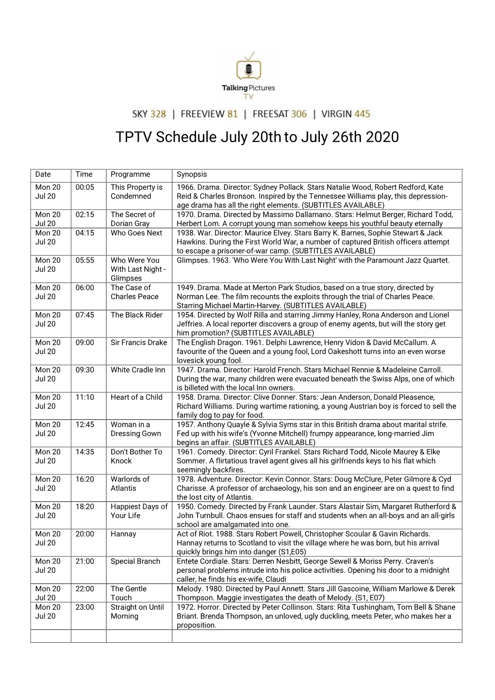 TPTV Schedule July 20Thto July 26Th 2020