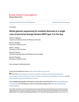 Whole Genome Sequencing for Mutation Discovery in a Single Case of Lysosomal Storage Disease (MPS Type 1) in the Dog