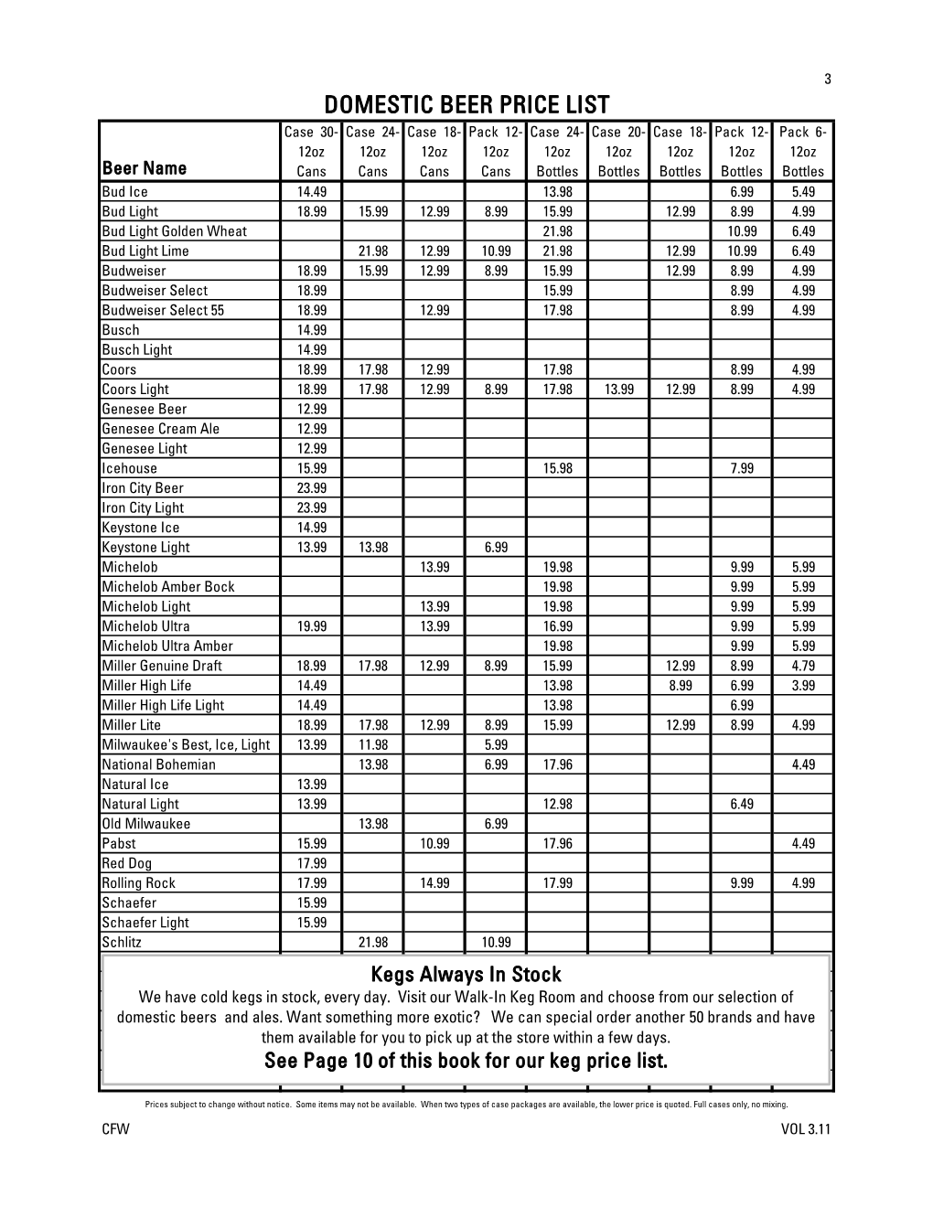 Domestic Beer Price List