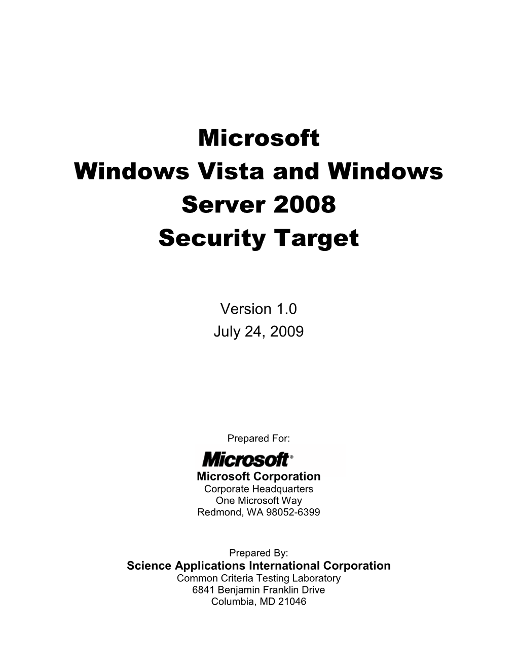 Microsoft Windows Vista and Windows Server 2008 Security Target