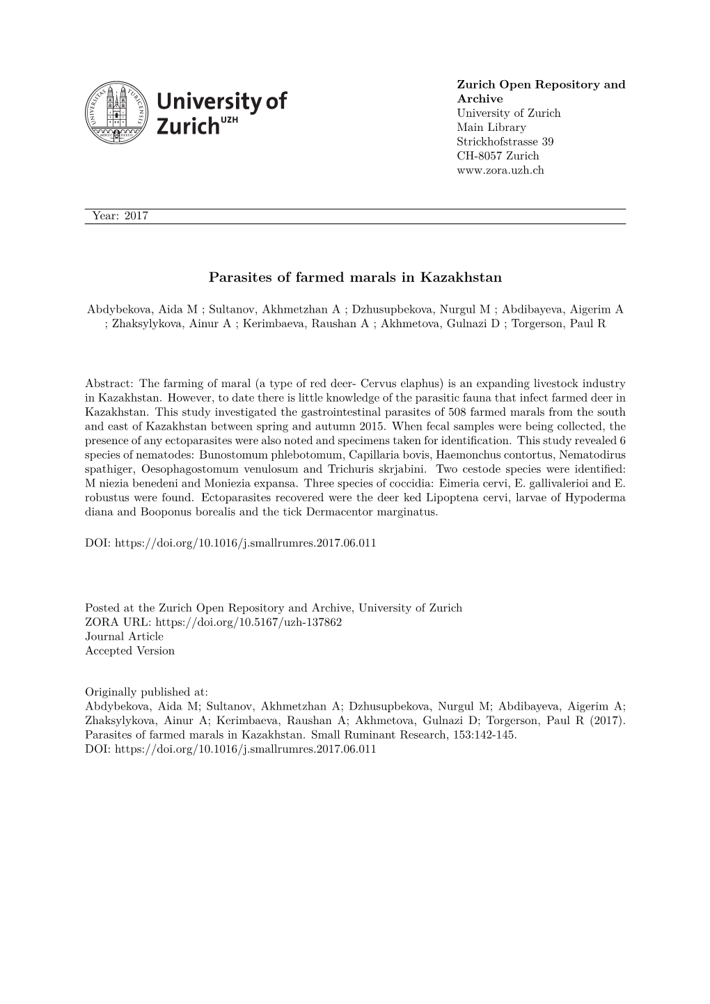 Parasites of Farmed Marals in Kazakhstan Aida M. Abdybekova