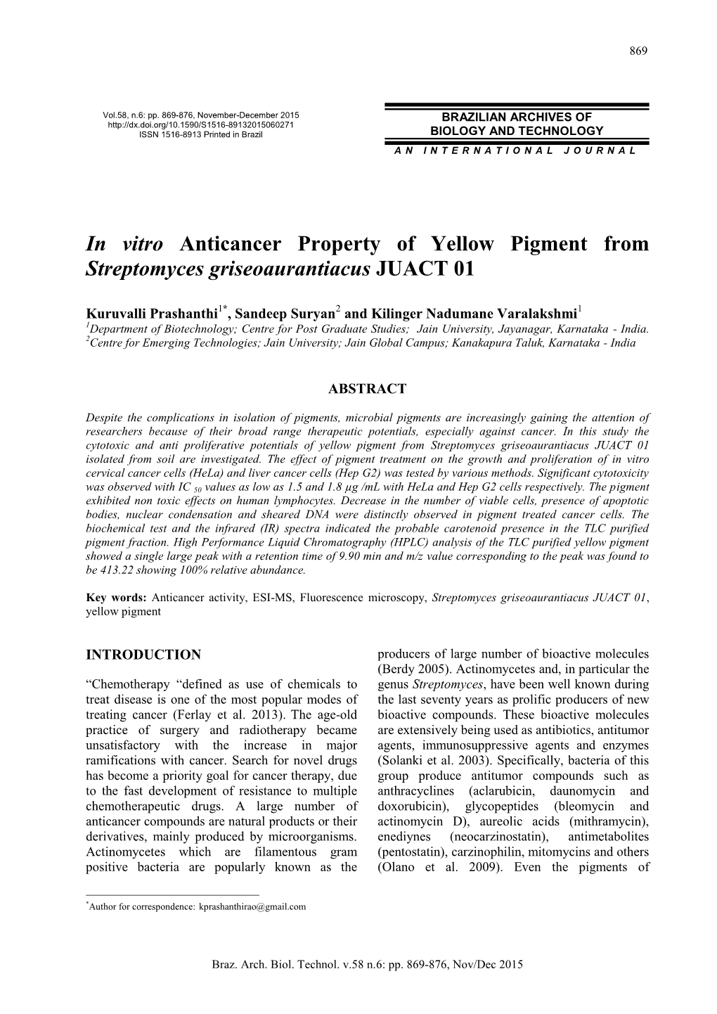 In Vitro Anticancer Property of Yellow Pigment from Streptomyces Griseoaurantiacus JUACT 01