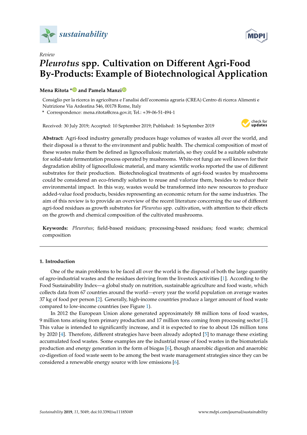 Pleurotus Spp. Cultivation on Different Agri-Food By-Products