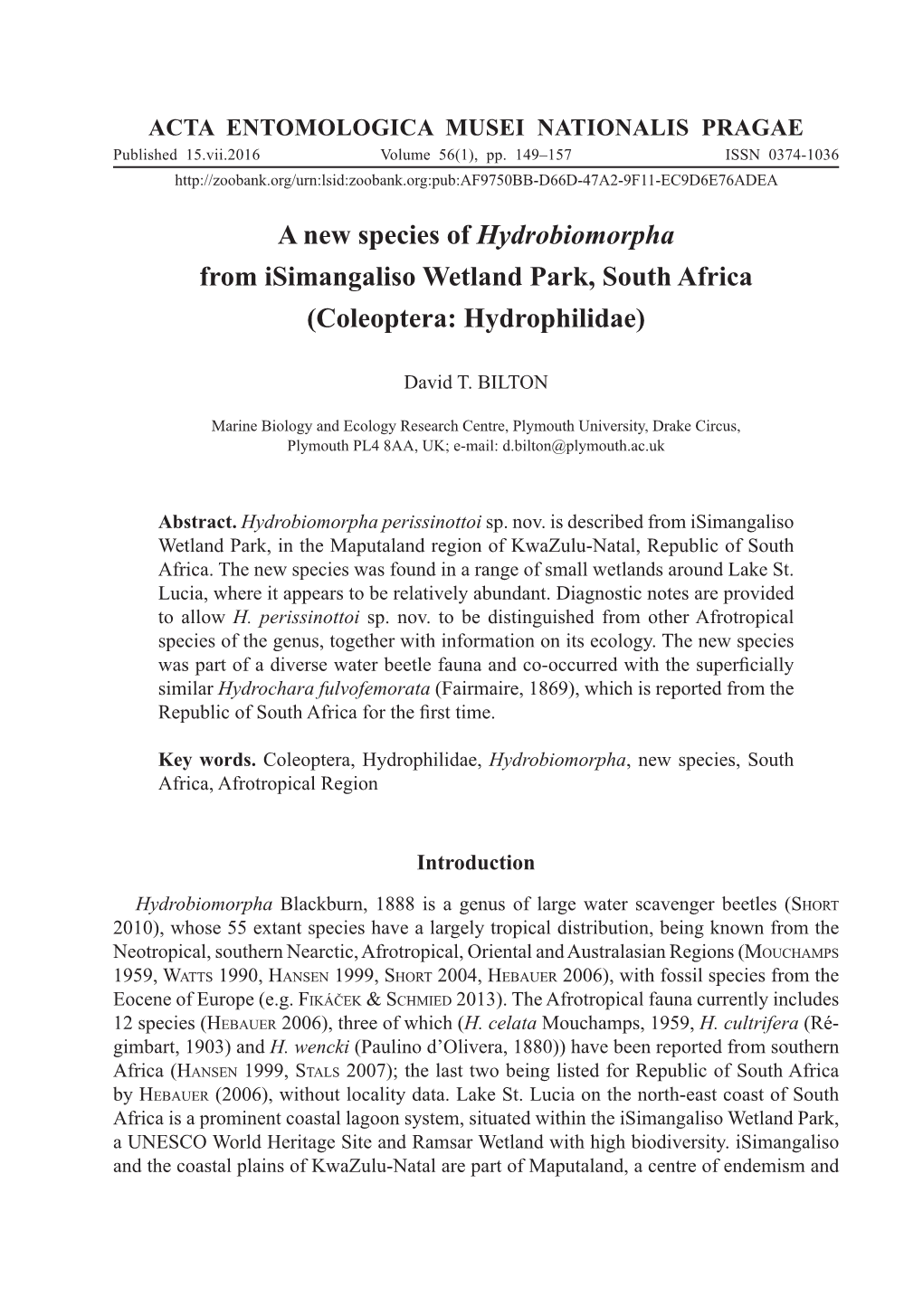 A New Species of Hydrobiomorpha from Isimangaliso Wetland Park, South Africa (Coleoptera: Hydrophilidae)