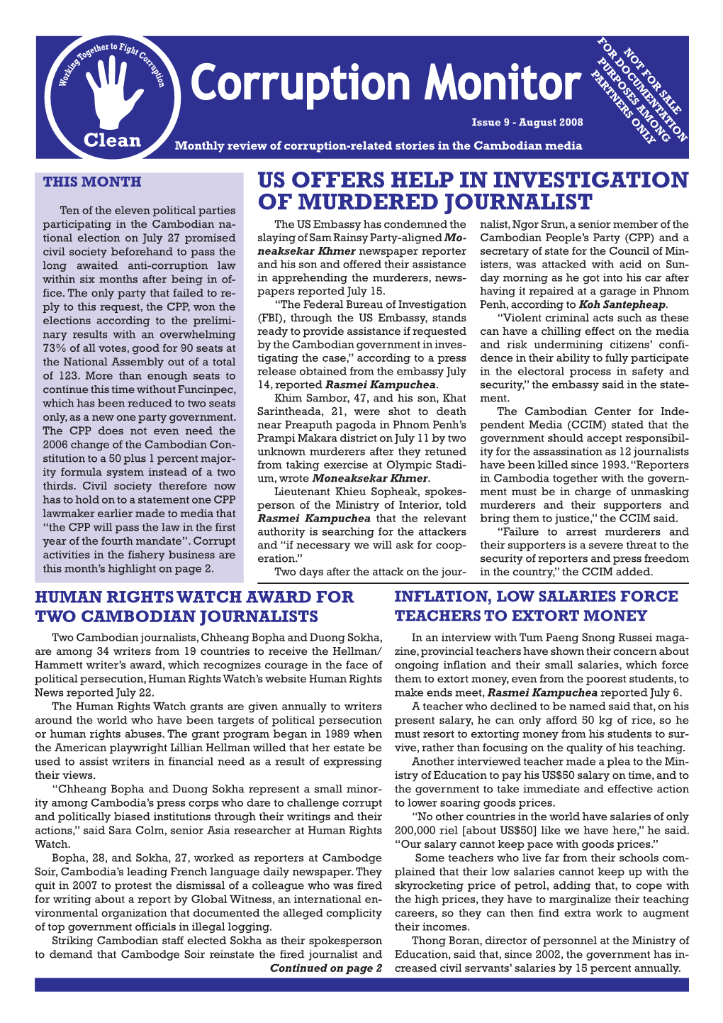 Corruption Monitor Issue 9 - August 2008 Clean Monthly Review of Corruption-Related Stories in the Cambodian Media