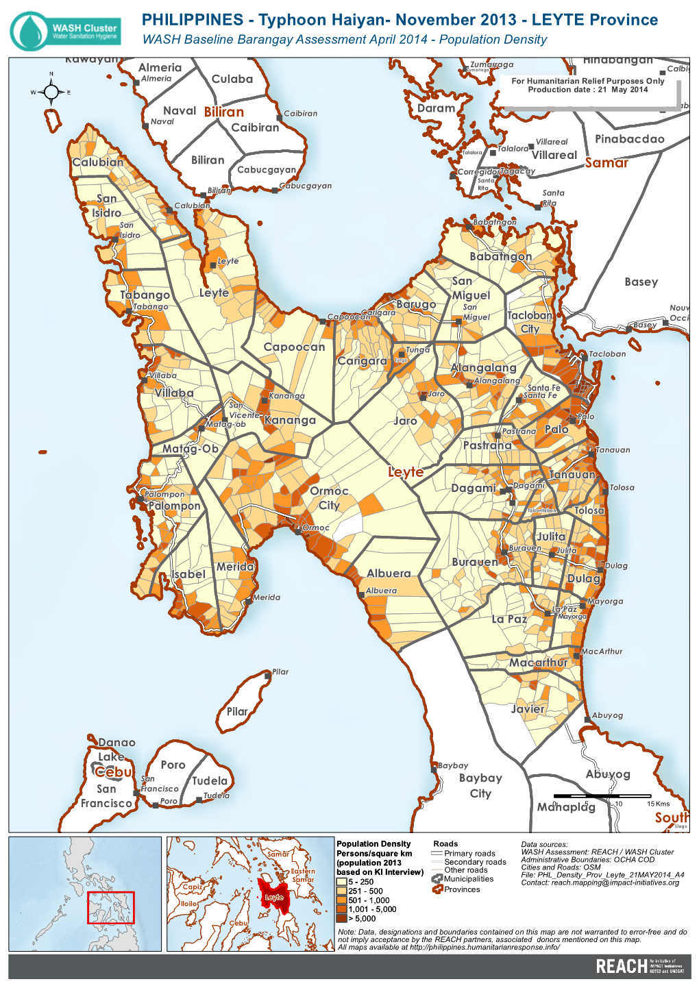 Typhoon Haiyan- November 2013 - LEYTE Province WASH Baseline Barangay Assessment April 2014 - Population Density