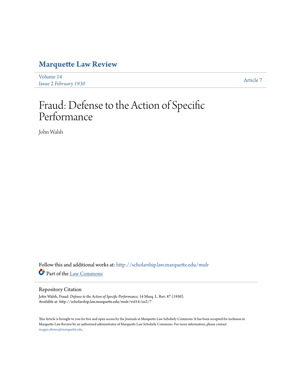 Fraud: Defense to the Action of Specific Performance John Walsh