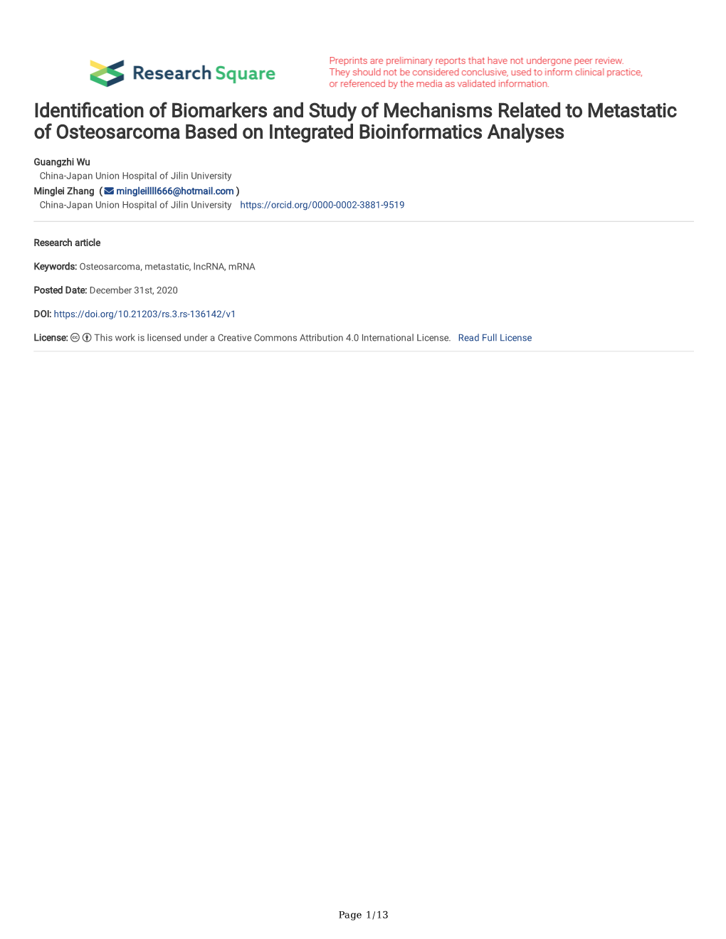 Identification of Biomarkers and Study of Mechanisms Related To