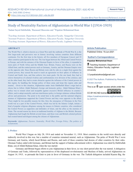 Study of Neutrality Factors of Afghanistan in World War I (1914-1919)