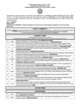 Commissioners Court –July 11, 2017 NOTICE of a MEETING of the COMMISSIONERS COURT of HAYS COUNTY, TEXAS