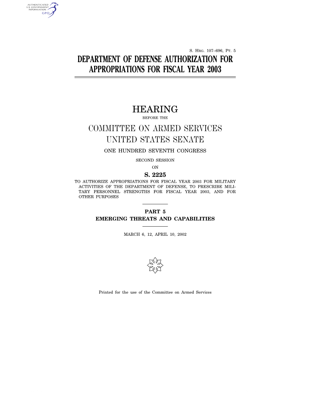 Department of Defense Authorization for Appropriations for Fiscal Year 2003