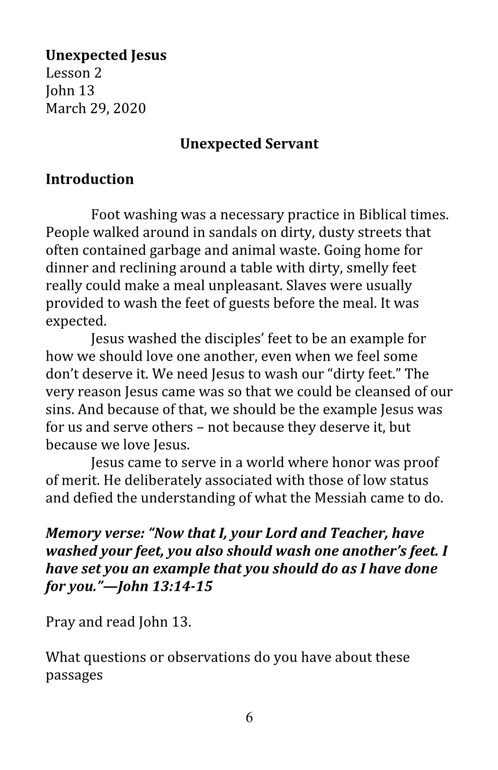 6 Unexpected Jesus Lesson 2 John 13