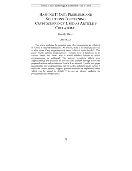 Problems and Solutions Concerning Cryptocurrency Used As Article 9 Collateral