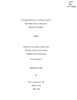 The Persistence of Castilian Law in Frontier Texas: the Legal
