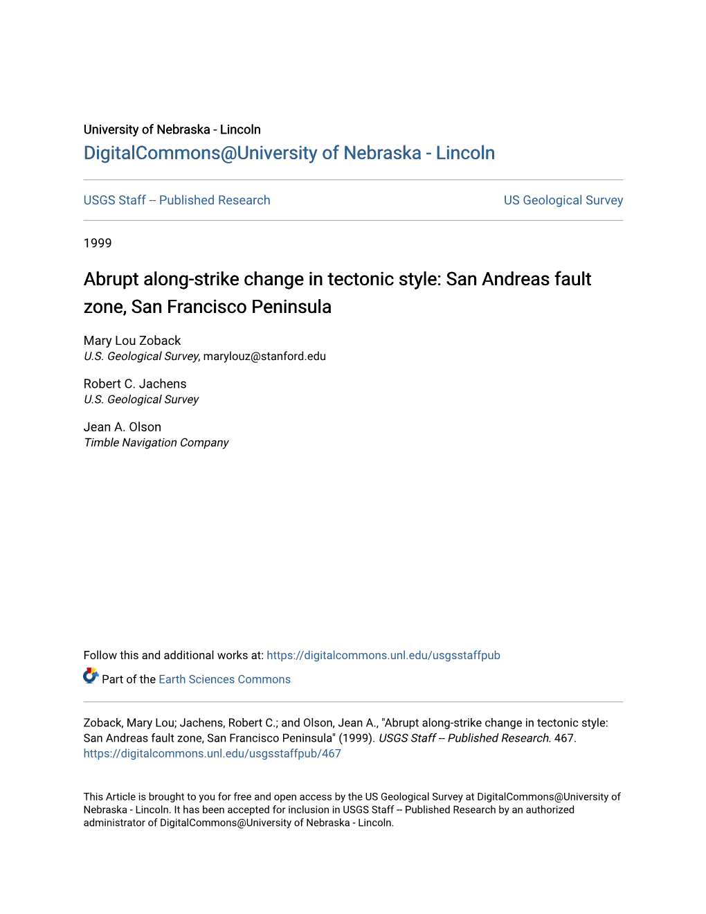 Abrupt Along-Strike Change in Tectonic Style: San Andreas Fault Zone, San Francisco Peninsula