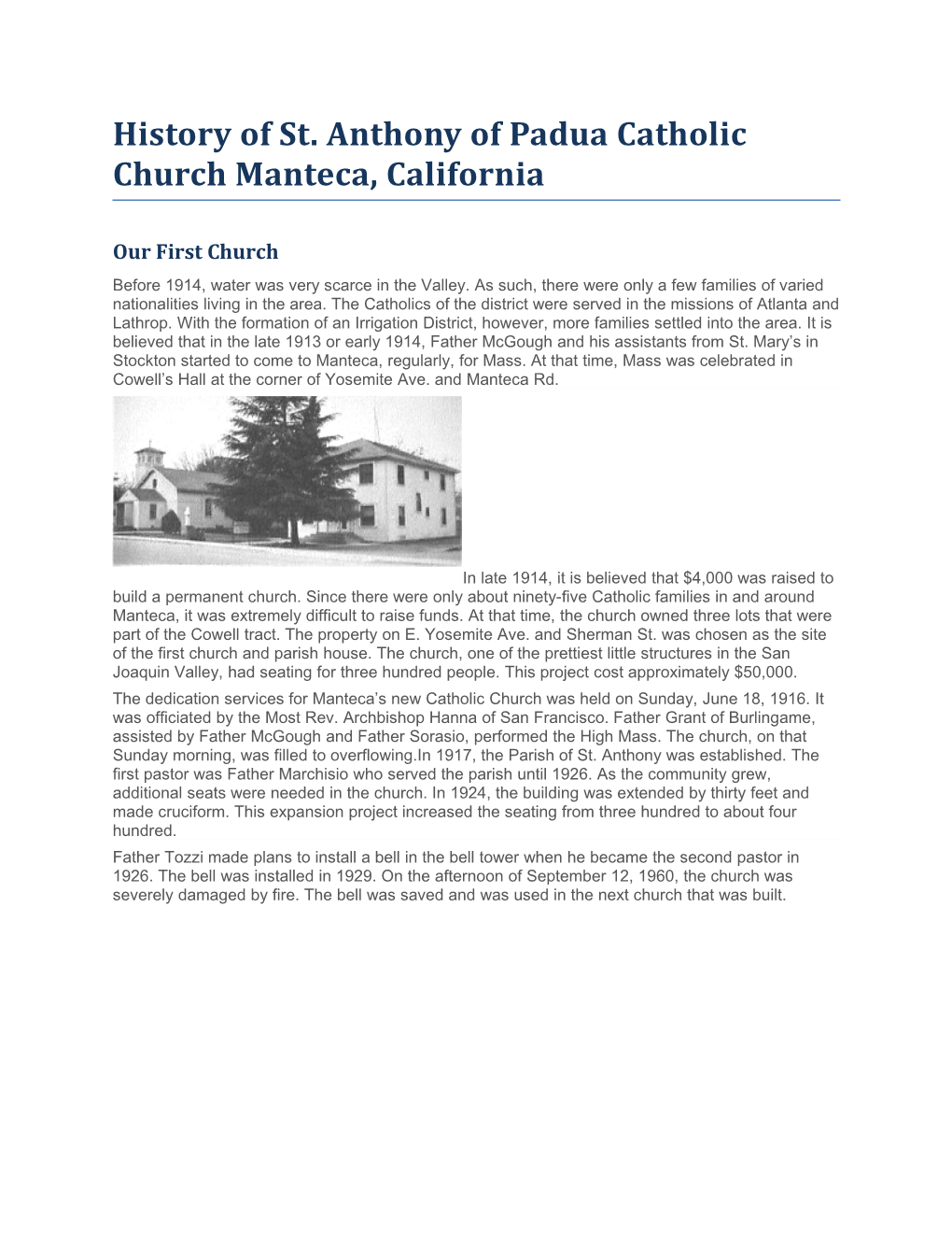 History of St. Anthony of Padua Catholic Church Manteca, California
