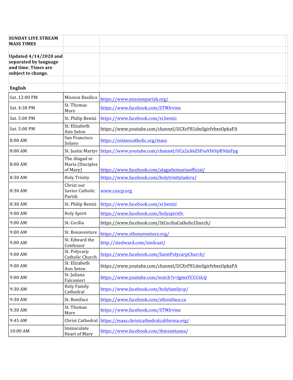 SUNDAY LIVE STREAM MASS TIMES Updated 4/14/2020 and Separated