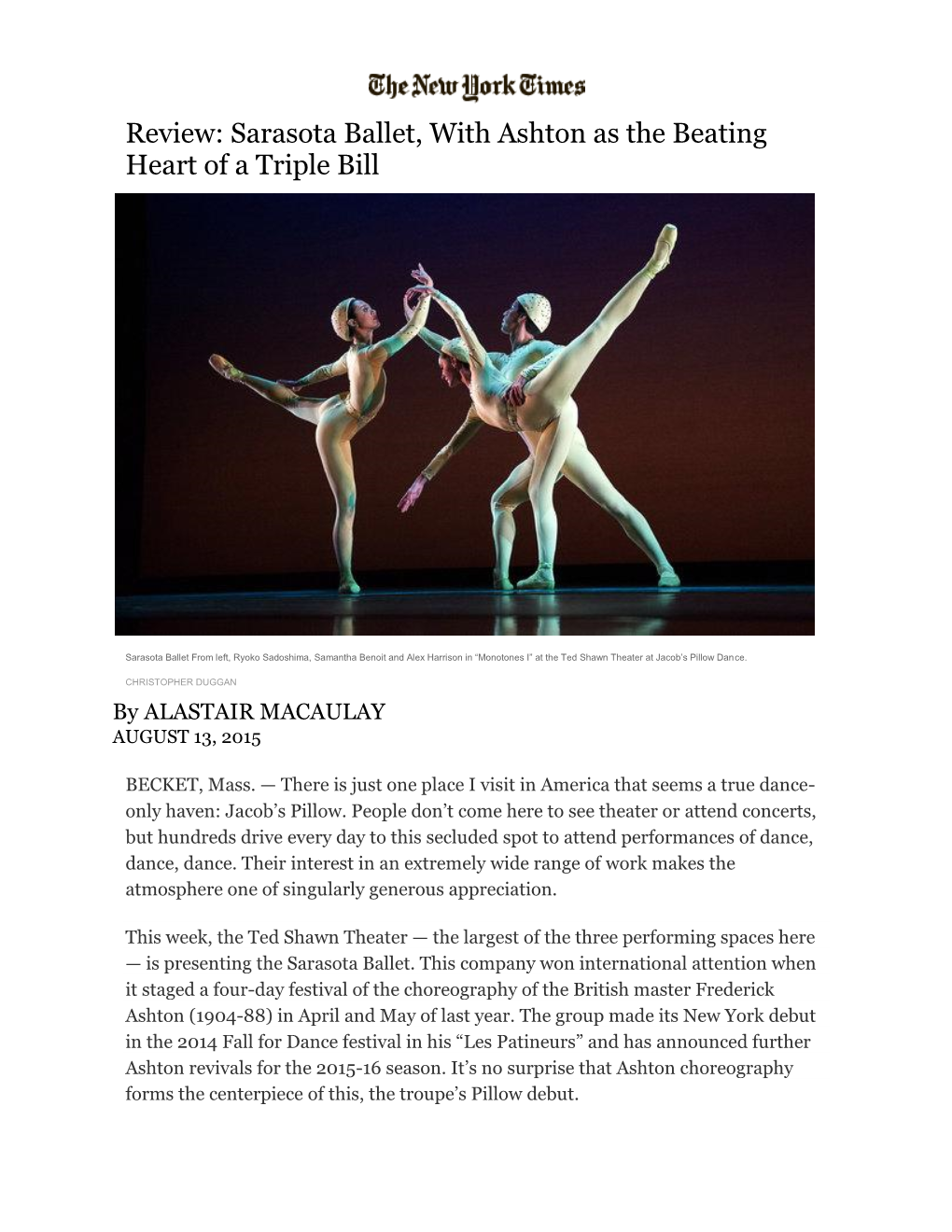 Review: Sarasota Ballet, with Ashton As the Beating Heart of a Triple Bill